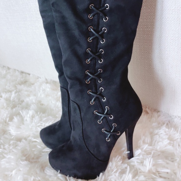 Black Lace Up Over the Knee Boots - Picture 2 of 6